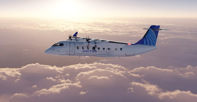 United Airlines electric aircraft in flight.