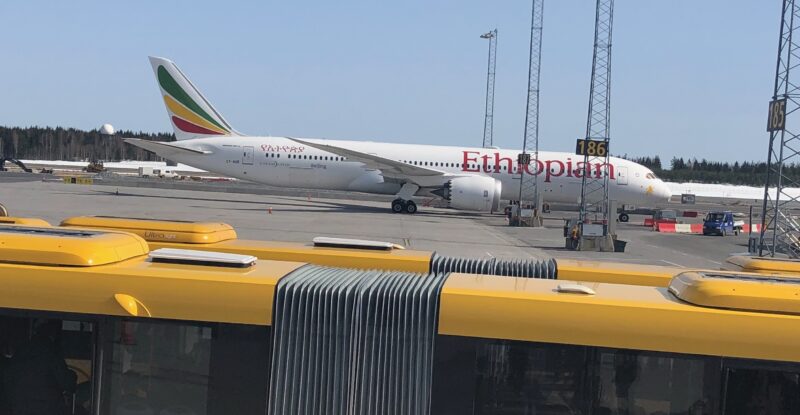 Ethiopian Airlines is seen at the gate of an airport