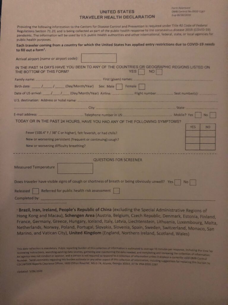 Health Decleration Form Europe US