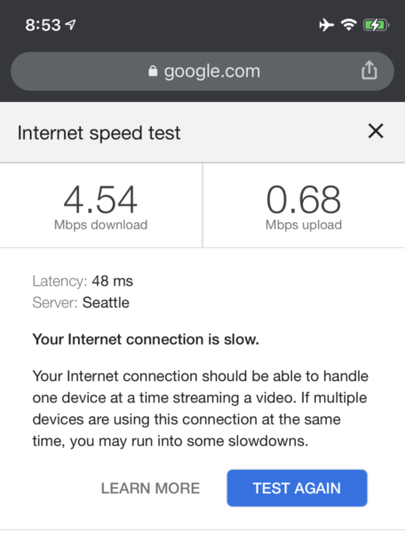 Screenshot of a speed test reading 4.54 mbps download and 0.68 mbps upload