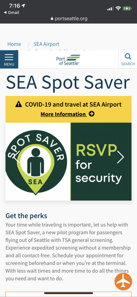 Screenshot of the email for SEA Spot Saver, which prompts passengers to "RSVP for security"