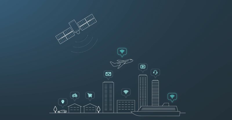 A graphic showing city buildings with an aircraft and satellite in the sky. Anuvu