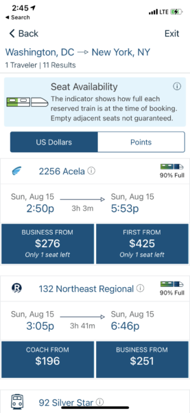 Screenshot of the Amtrak booking app. Displaying different travel choice options and train capacity at time of booking.