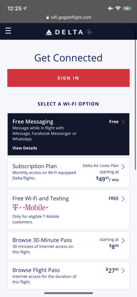 Screenshot of Delta's inflight Wi-Fi plans with Intelsat.