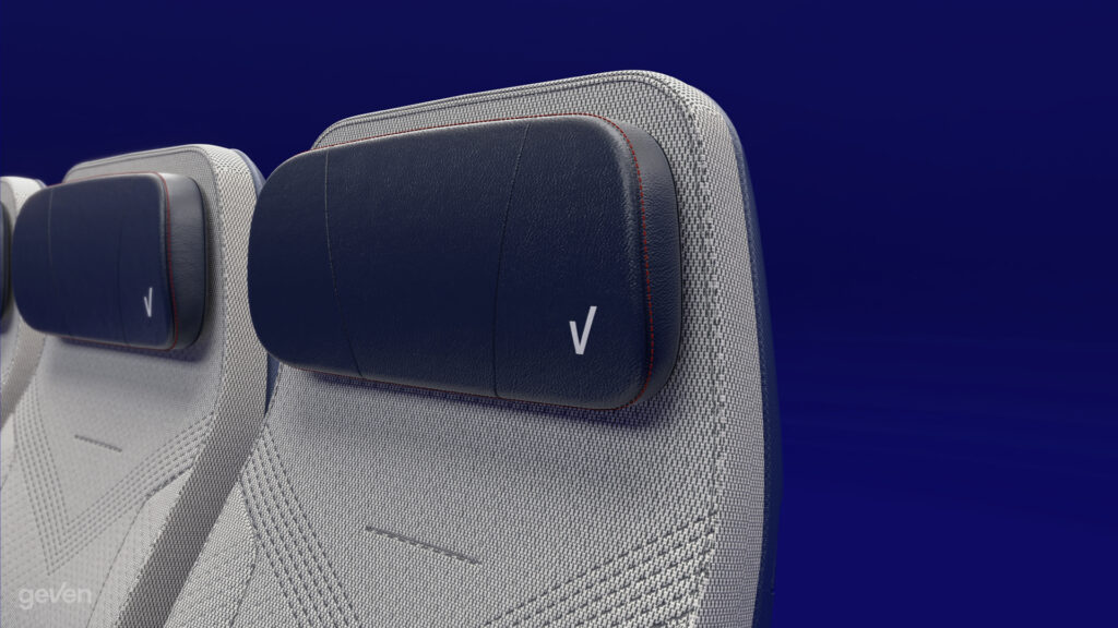 Headrest for the Elemento Economy class seat by Geven rendered on a blue background.