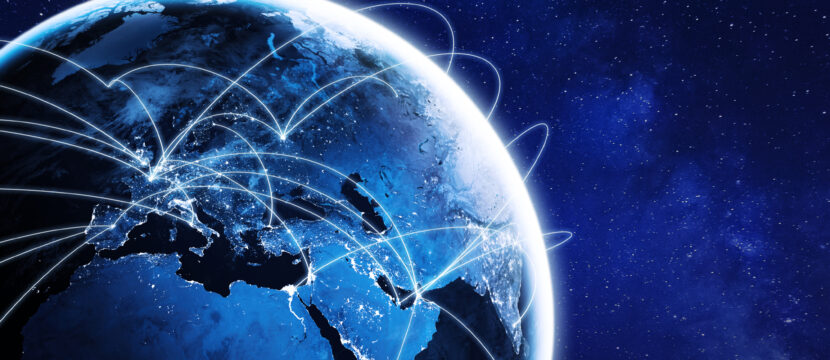 Connections around planet Earth viewed from space at night, cities connected around the globe by shiny lines, international travel or global business finance, world connectivity, elements from NASA