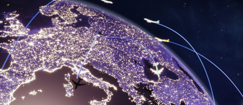 Rendering showing aircraft flying and flight paths over Europe on an earth globe view from space at night. All the world map textures are originally from NASA EASA. Satellite comms. ATG