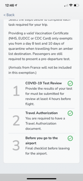 VeriFLY App screen shot showing a checklist of what needs to be done.