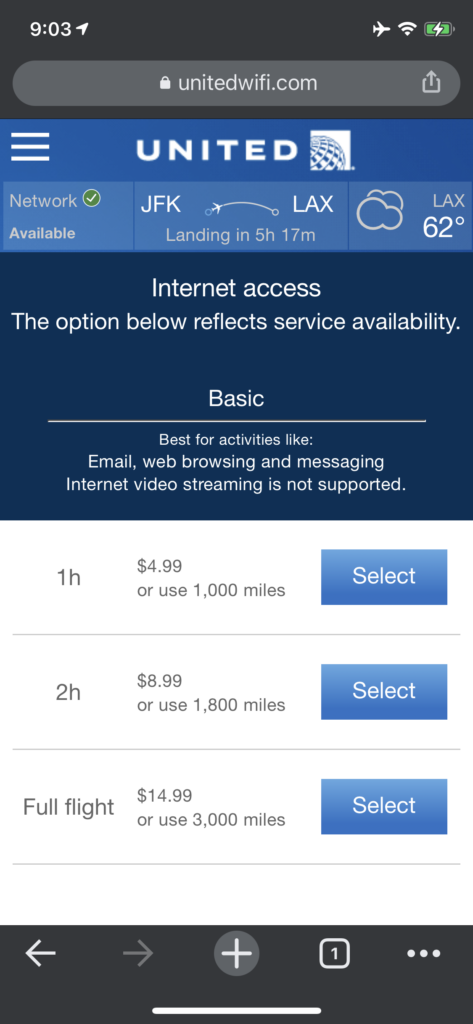 Screen shot of the pricing for Panasonic Ku inflight Internet, including a full-flight pass for $14.99