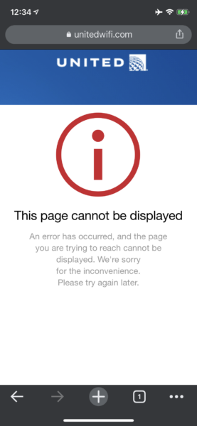 A screen shot of United's message to the author's mobile device when he tries to access wifi: "This page cannot be displayed"