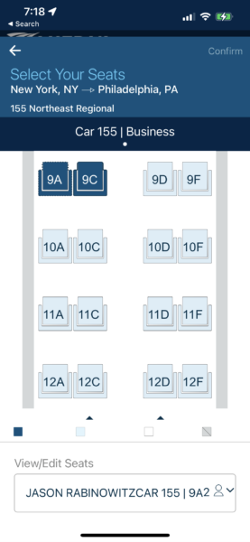 The seat map for Amtrak Business Class, with seat numbers listed