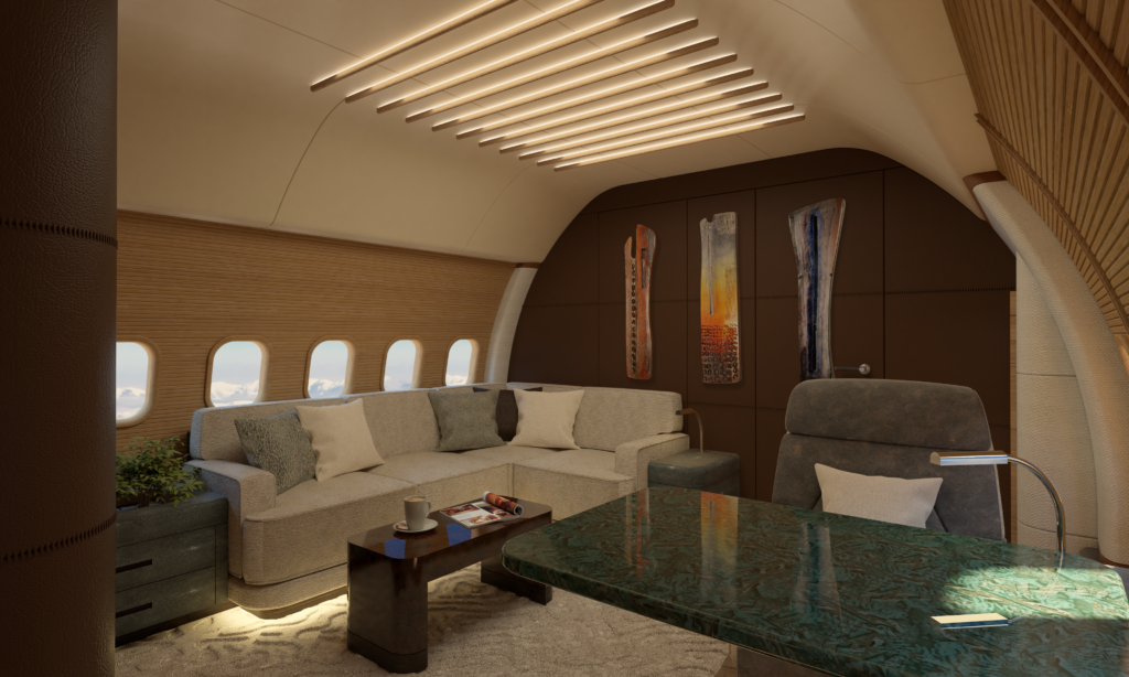 Sofa lounge area on the BBJ 737MAX Private concept version.