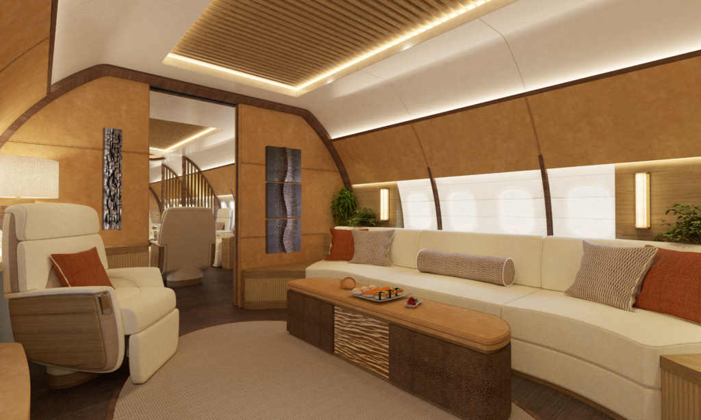 BBJ 737MAX Executive concept sofa area with two recliners and a table.