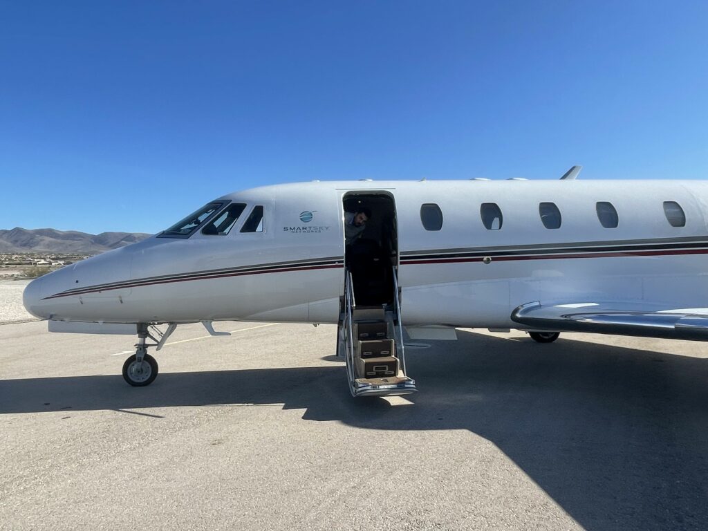 The exterior of SmartSky's private aircraft before bording for a test flight