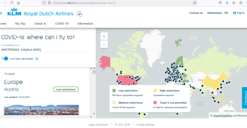 KLM Screenshot of map showing areas that are considered open for travel and areas that are not open for travel.