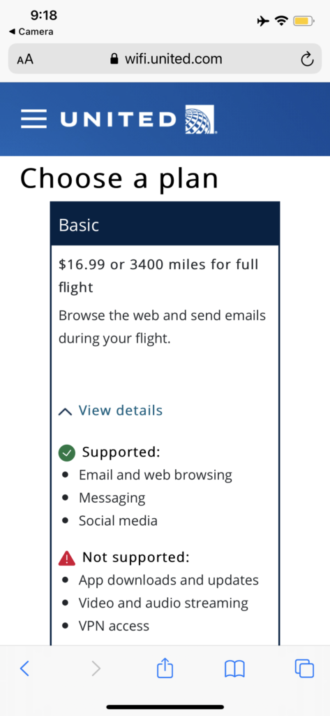 Screenshot of the United Airlines Wi-Fi plan