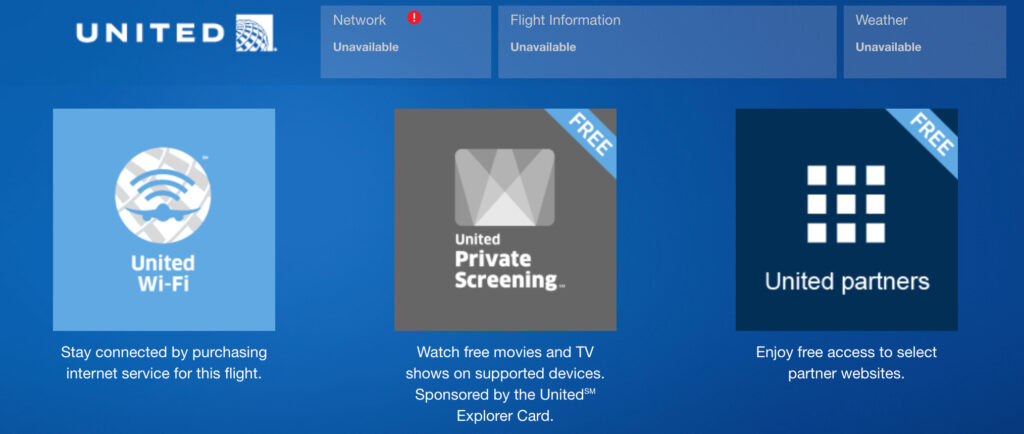 Screenshot of the United Airlines Wi-Fi and entertainment portal