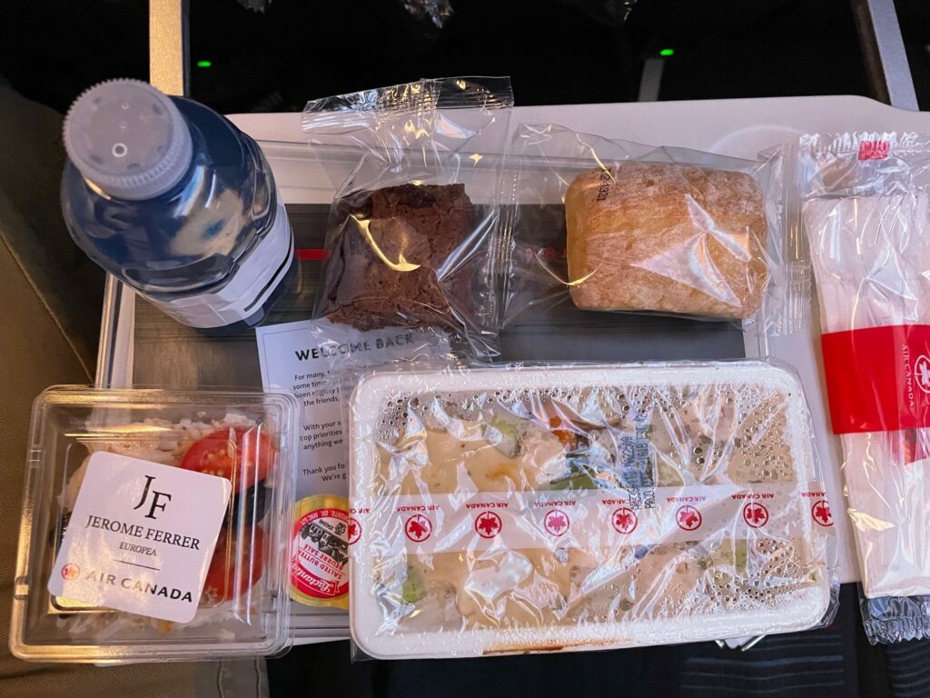 Air Canada meal on a tray table