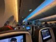 Cabin of Air Canada's Boeing 787-9 with LED lighting and IFE in view