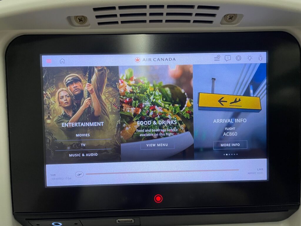 Air Canada Boeing 787-9 seatback IFE screen