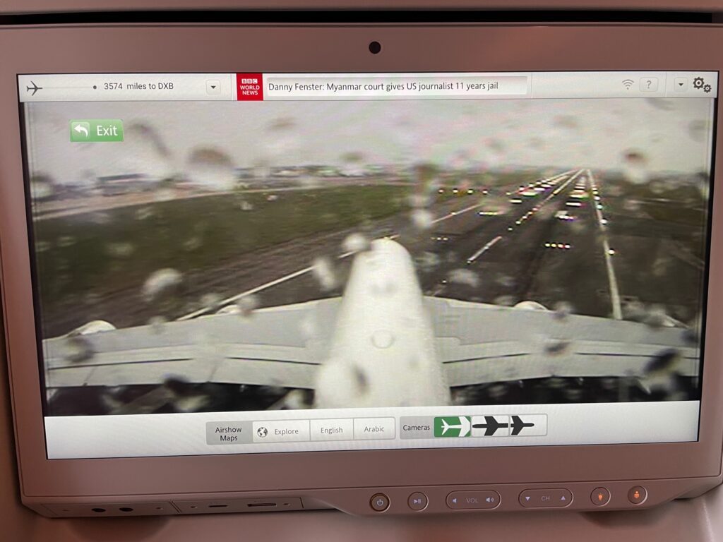 Emirates A380 IFE seatback screen displaying the aircraft's live camera feeds.