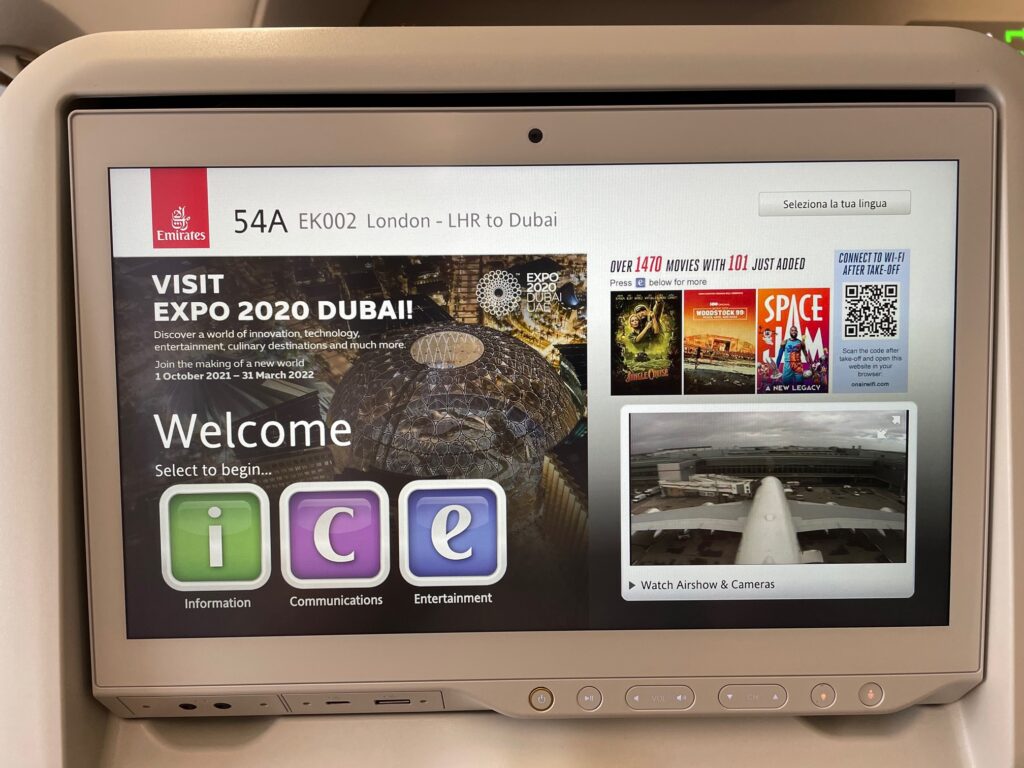 Emirates A380 IFE seatback screen.