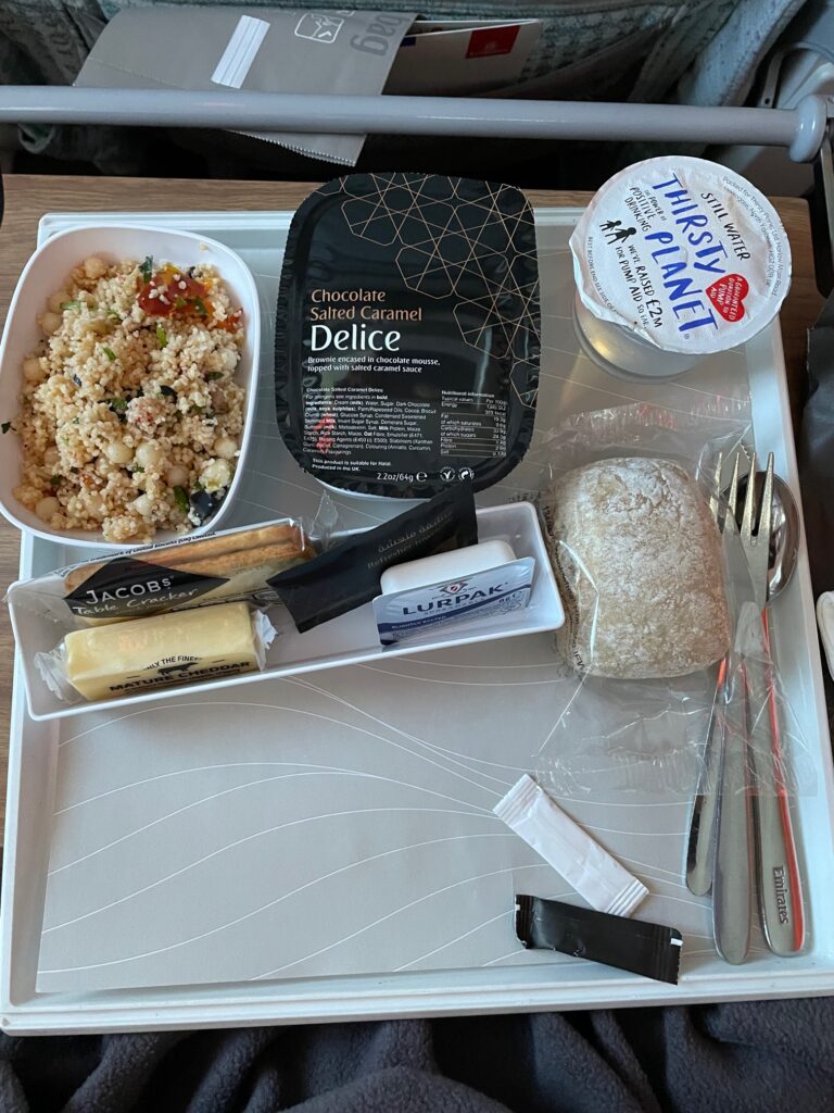 Emirates A380 meal displayed on a tray table.