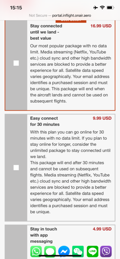 Screenshot of Emirates A380 wifi pricing