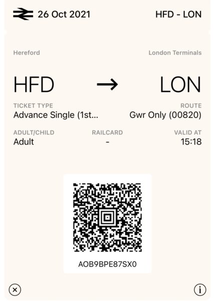 Digital Great Western Railway train ticket with a QR Code.