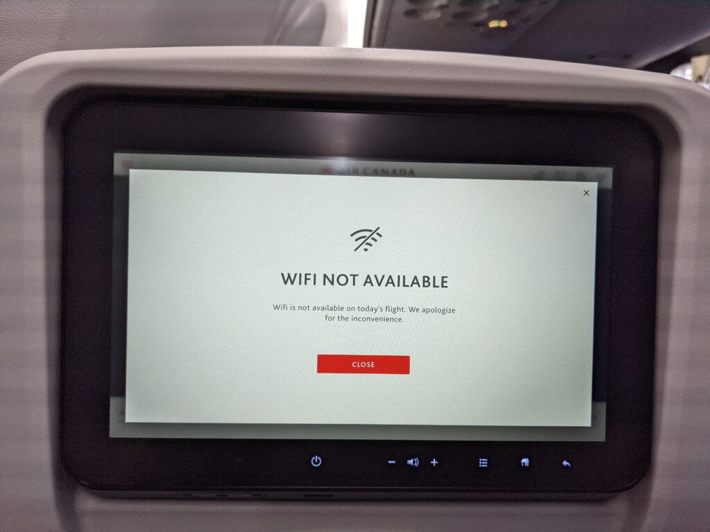 Air Canada IFE screen displaying a "WIFI not available warning"