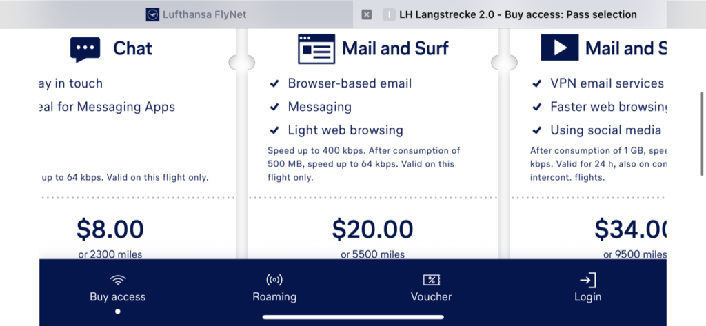 Screenshot of Lufthansa's inflight connectivity packages.