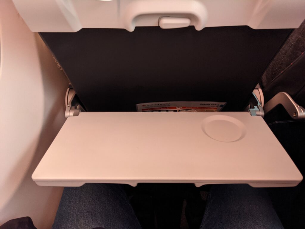 A tray table on the Air Canada Boeing 737 MAX 8 economy class seat