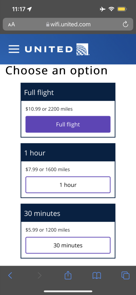 Shreen shot of United Airlines Wi-Fi tiered offerings on the 737-800