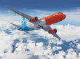 Rendering of Canada Jetlines A320, belly view, above clouds.