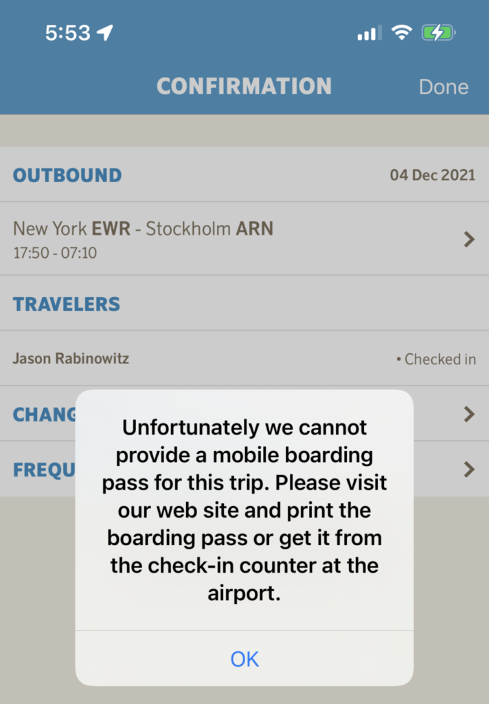 Mobile prompt indicating a boarding pass could not be issued for SAS passenger