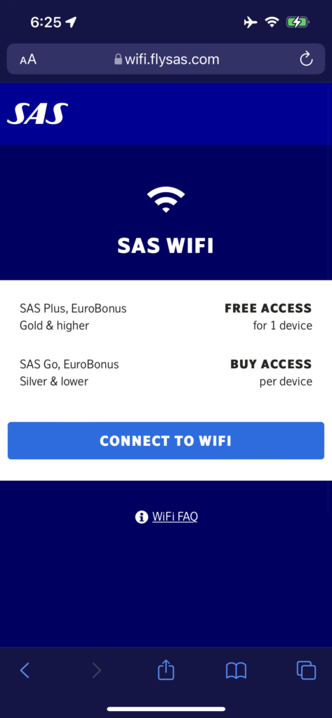 Screenshoot of SAS Wi-Fi landing page. 