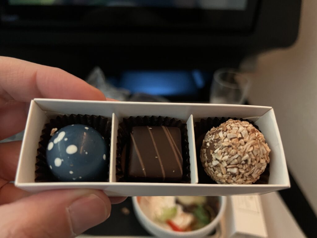 Three chocolates in a box served to SAS business class passengers