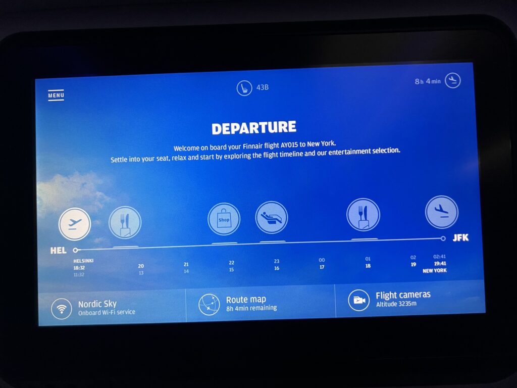 Panasonic IFE on Finnair Airbus A350-900, showing the different stages of the flight including mealtime 