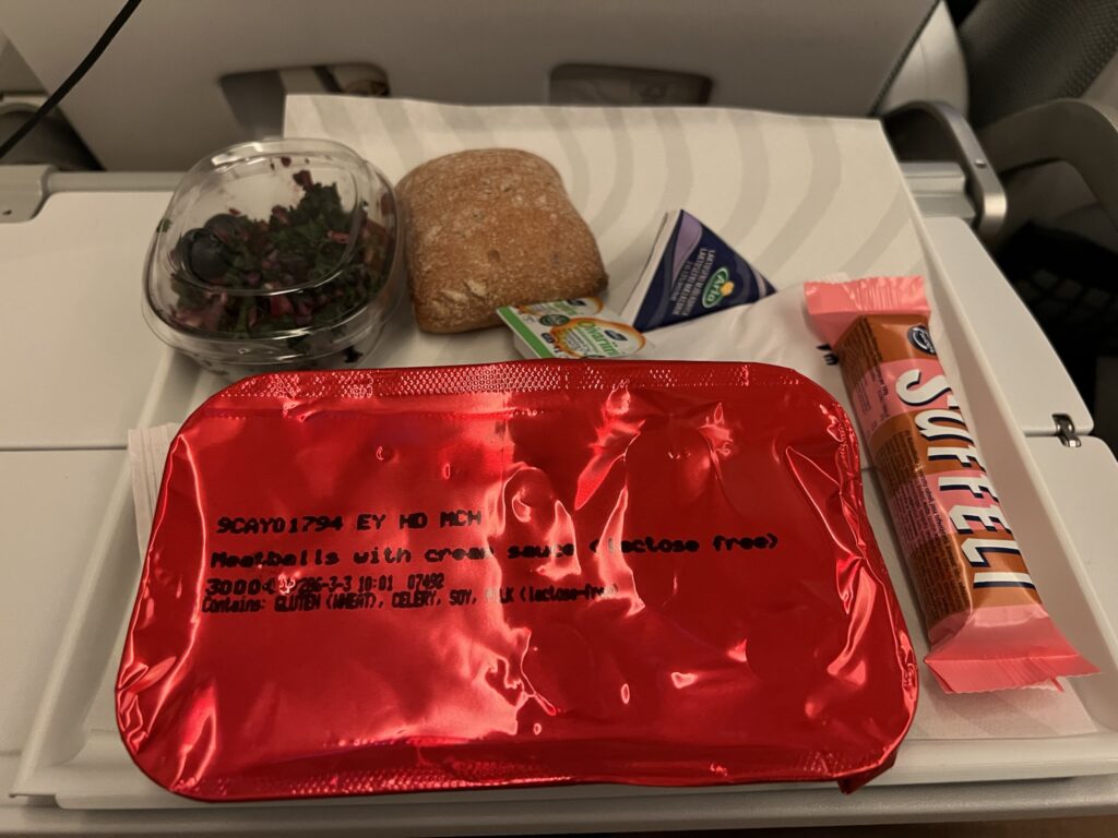 Meal displayed on the aircraft tray table from Finnair