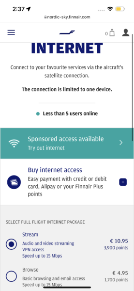 Internet packages on a Finnair Airbus A319