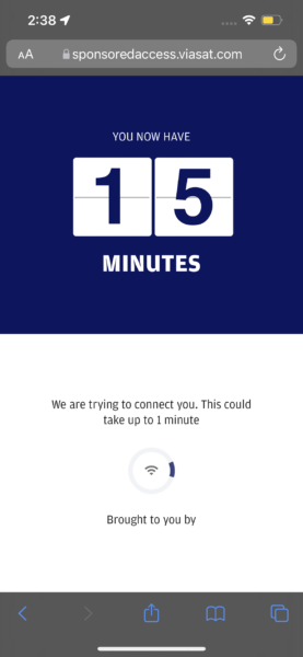 Screen shot of the sponsored wifi 15-minute allotment 