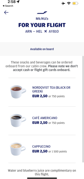 Coffee service screenshot for Finnair