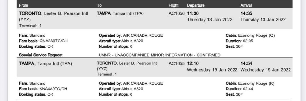 Screen shot of the itinerary, with Unaccompanied Minor clearly shown