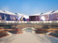 AERQ video screens are displayed above an arena full of people. Digital Rendering. partnering with Inadvia Image: AERQ