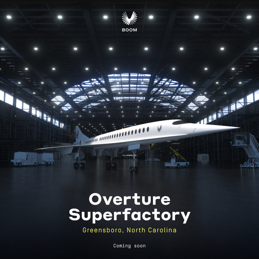 Supersonic aircraft in the hanger. The words "Overture Superfactory" overlay the image.