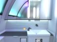 A rendering of the Collins-made nextgen lav for the 737 MAX, with touchless tech and micro-LEDs shown.