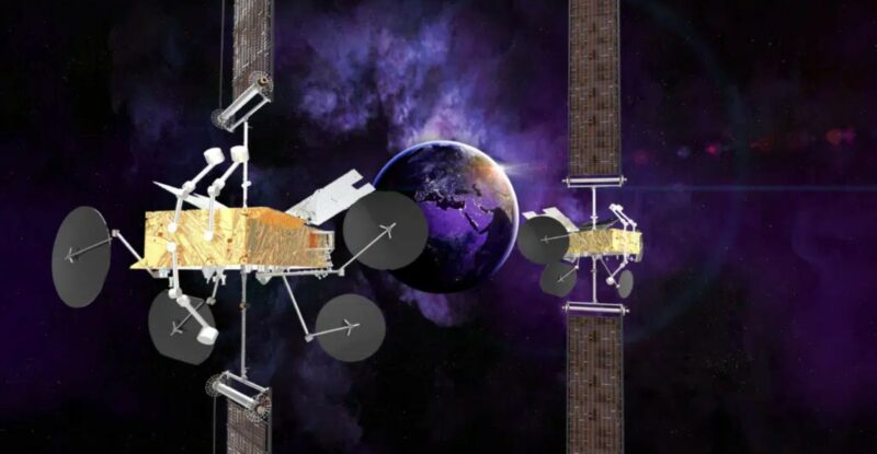 The artist’s view represents the two Intelsat software-defined satellites, IS-41 and IS-44, with the corresponding antennas configuration. (courtesy: Thales Alenia Space).