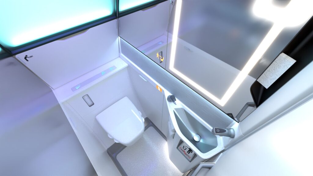 A sparkling rending of the new nextgen lav for the 737 MAX, with touchless tech and micro-LEDs