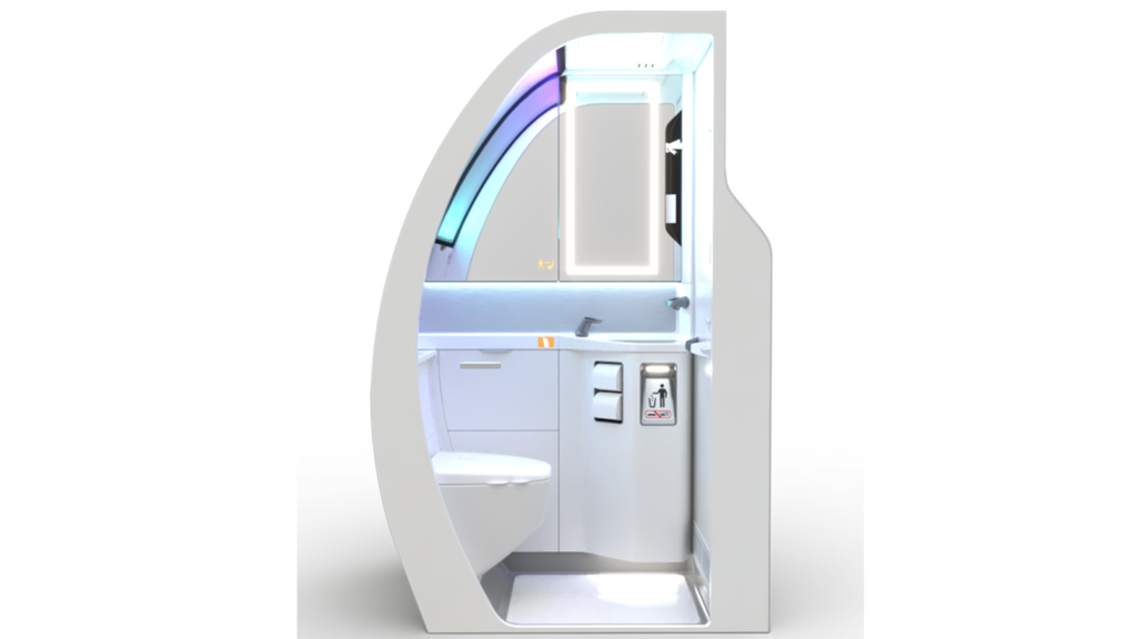 A rendering showing the modularity of the new standard nextgen lav for the 737 MAX featuring touchless technology and micro-LEDs