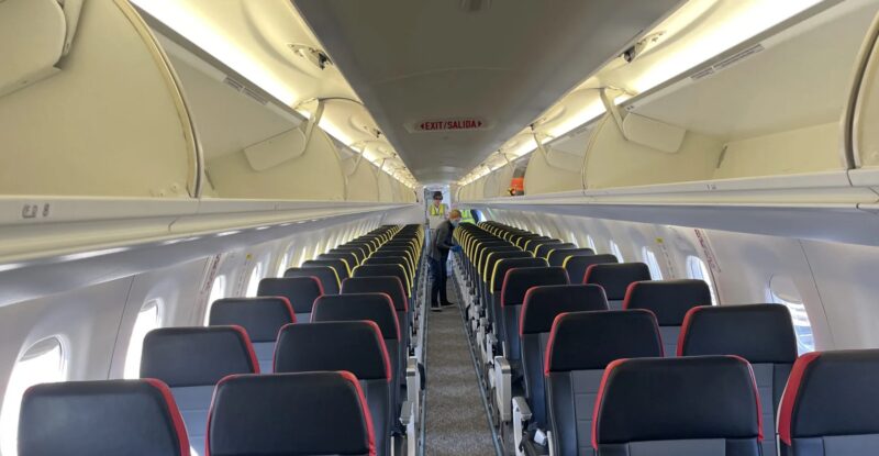 Inside an E-Jet. Interiors are supplied by EZAir, a JV between Embraer and Safran